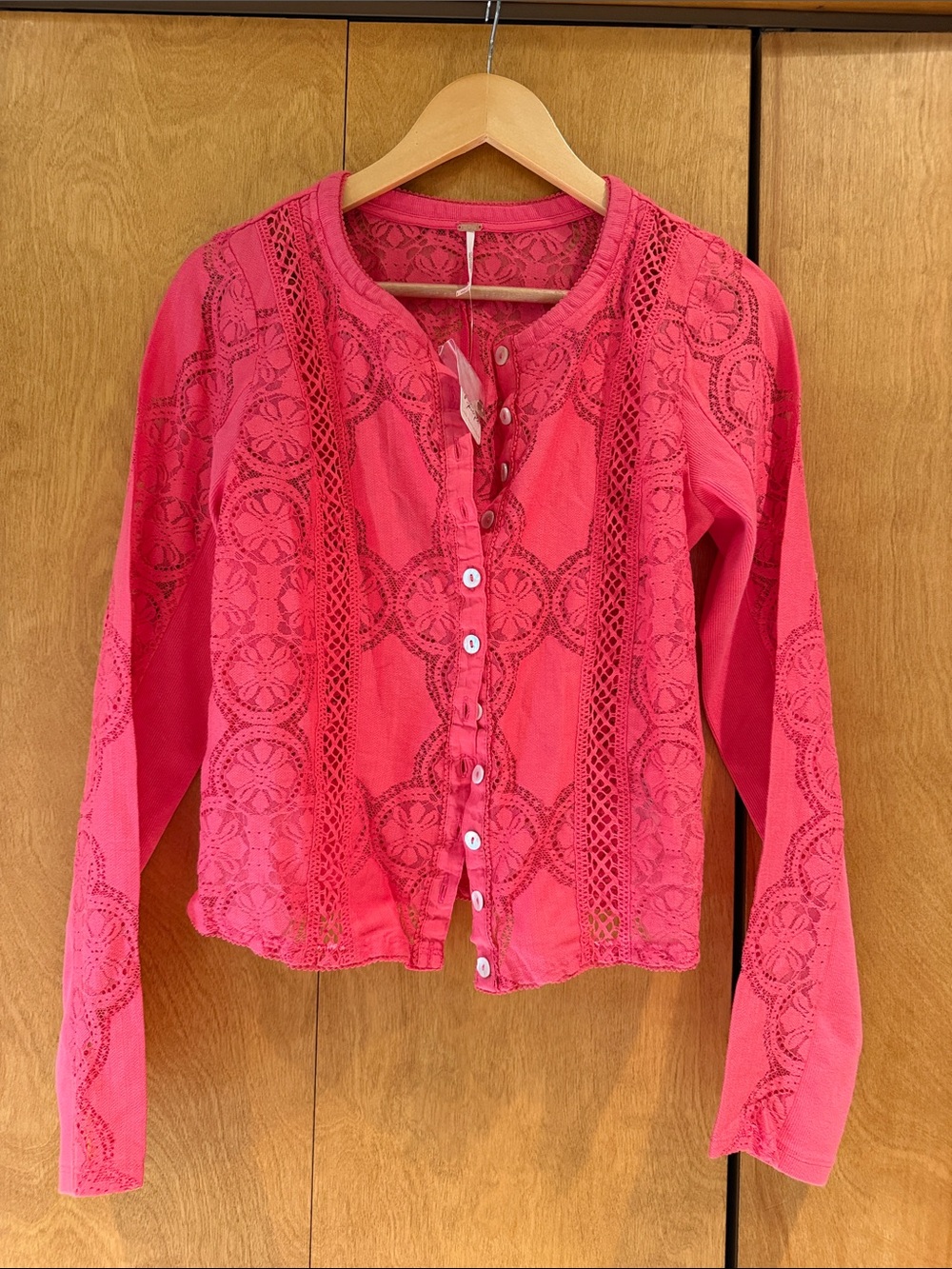 Free People Pink Lace Openwork Button Front Cardigan L fits like M NEW w tags